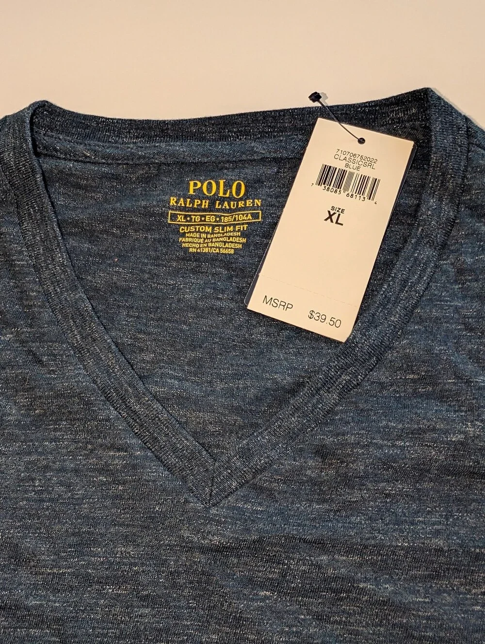 NWT Polo Ralph Lauren Custom Slim Fit Men's V-neck Tee. Size XL, Blue